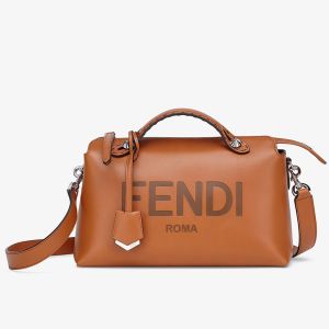 Fendi Medium By The Way Boston Bag In FENDI ROMA Motif Calfskin Brown