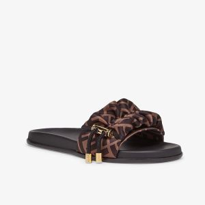 Fendi Vertigo Slides Women FF Embroidery Satin Brown
