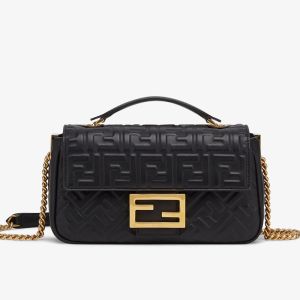 Fendi Baguette Chain Midi Bag In FF Embossed Nappa Leather Black