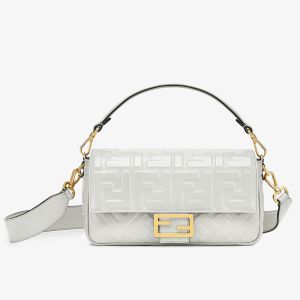 Fendi Baguette Bag In FF Embossed Nappa Leather White