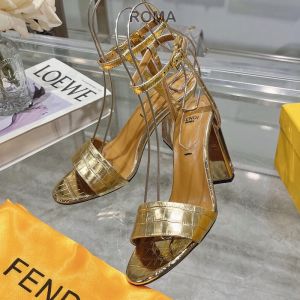 Fendi Delfina Sandals Women Stone Grain Leather Gold