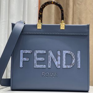 Fendi Medium Sunshine Shopper Bag In Python FENDI ROMA Lettering Calfskin Navy Blue