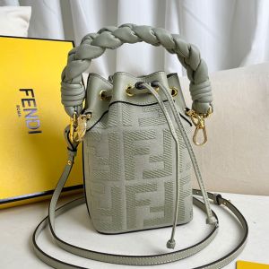 Fendi Mini Mon Tresor Bucket Bag with Woven Handle In FF Motif Canvas Olive