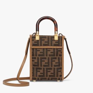 Fendi Mini Sunshine Shopper Bag In FF Jacquard Fabric Brown