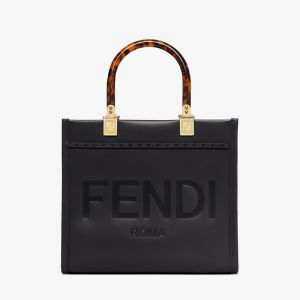 Fendi Small Sunshine Shopper Bag In Calfskin with Fendi ROMA Stamped Black